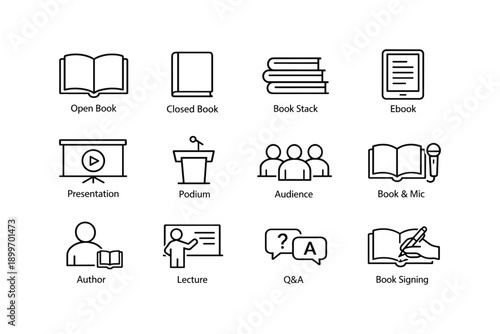 Library icons collection: books, presentation, ebook, podium, q&a