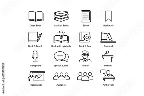Library and presentation icons: books, ebook, microphone, author