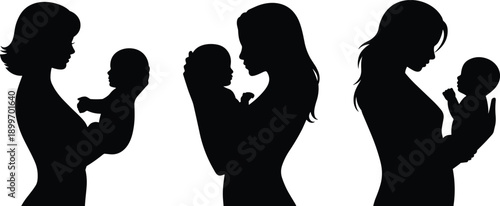 Mother holding baby silhouettes showing maternal love, parenting care and newborn bonding isolated background for family, motherhood and childcare concept