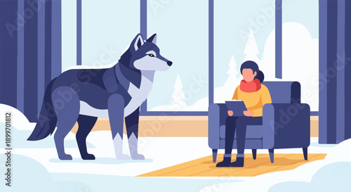 A person sits in a chair with a wolf standing nearby in a snowy landscape