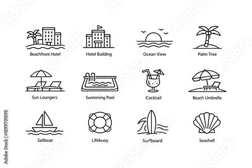 Summer beach vacation icons with hotel, ocean, and leisure activities