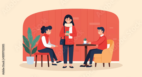 Cheerful friends gather in a cafe for coffee and conversation