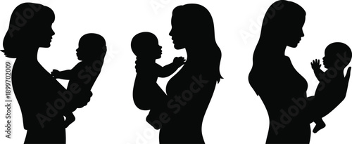 Mother holding newborn baby silhouettes showing maternal love, parenting care and family bonding isolated background for motherhood and childcare concept