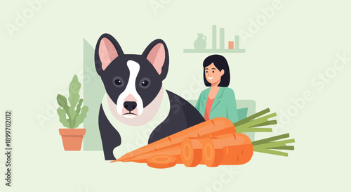 A happy person and a dog are near carrots and plants