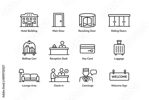 Essential hotel icons: amenities and services illustrations