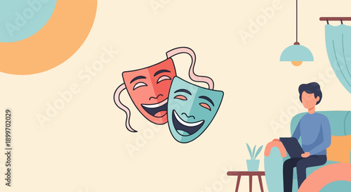 A person sits on a couch with a laptop, with theatrical masks overhead