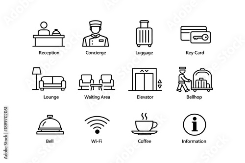 Hotel icon set: reception, concierge, luggage, key card, lounge, elevator, bellhop, wi-fi