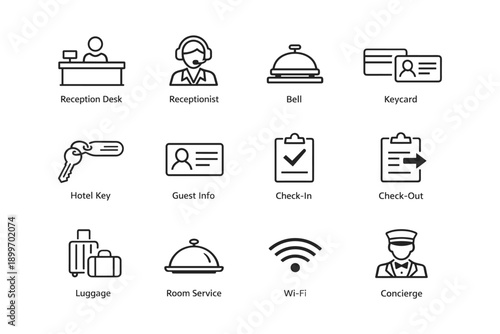 Hotel services icons: reception, bell, keycard, luggage, wi-fi, concierge