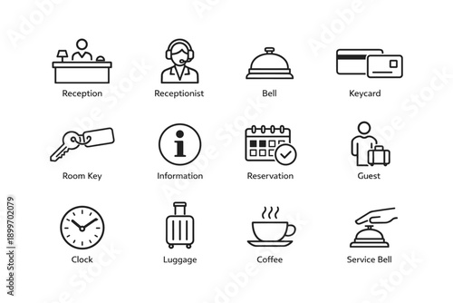 Hotel icon set: reception, keycard, luggage, service bell, reservation