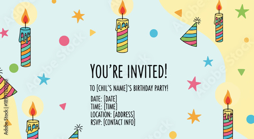 A colorful invitation for a child's birthday party with candles, hats, and stars