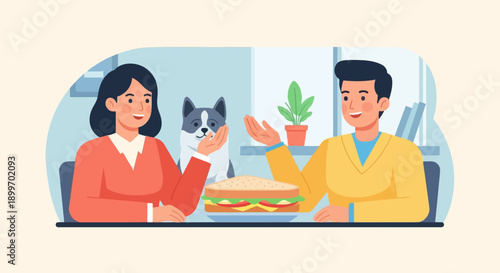 Cheerful friends share a large sandwich with their dog indoors