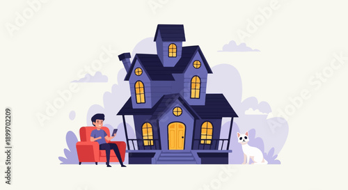 A person sits on a sofa, looking at a phone, beside a spooky house and a cat