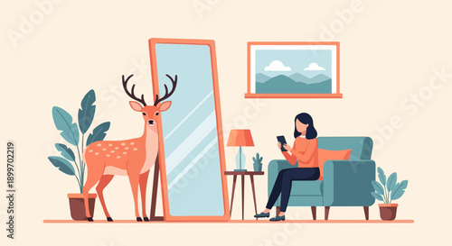A person sits on a sofa looking at a phone, a deer stands by a mirror