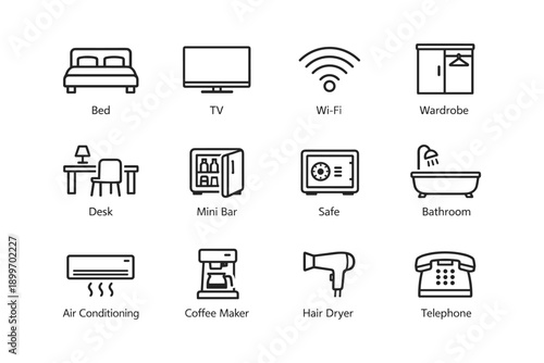 Hotel room amenities icons: bed, tv, wi-fi, wardrobe, desk, mini bar, safe, bathroom, air conditioning, coffee maker, hair dryer, telephone