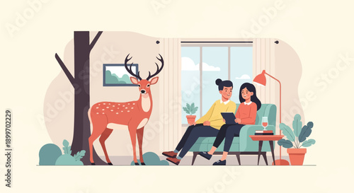 A deer stands beside a couple relaxing on a sofa with a tablet