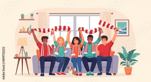 Cheerful group of friends and a dog watch a game indoors, holding scarves