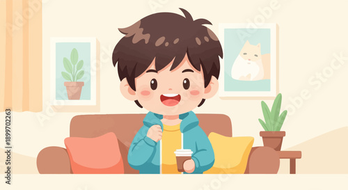 Cheerful kid holding drink on sofa with plants and framed art