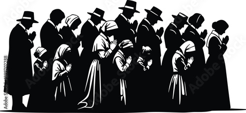 Religious community prayer silhouette illustration, traditional men women children worship together, spiritual faith devotion concept, black isolated vector artwork