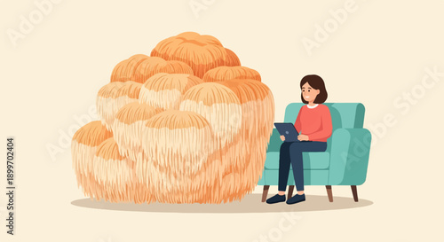 A person sits on a sofa using a laptop next to a large mushroom