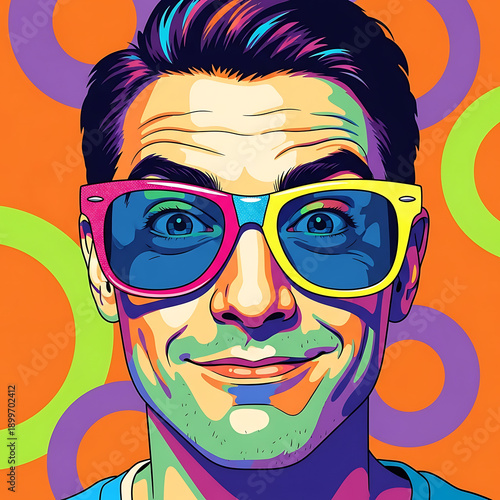 A vibrant portrait of a smiling man wearing colorful sunglasses, surrounded by swirling patterns and bright hues, capturing a lively atmosphere from a frontal viewpoint.