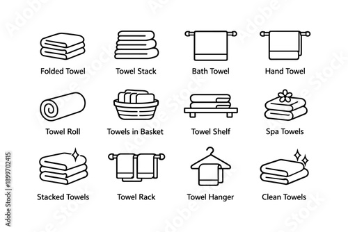Towel icons set: folded, stacked, bath, hand, roll, basket, shelf, spa, rack, hanger, clean