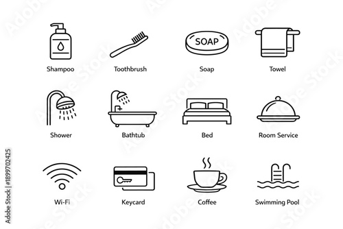 Hotel amenities icons: shampoo, bed, wi-fi, swimming pool, coffee