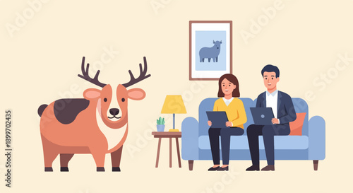 A deer stands near a couch where two people are working on laptops