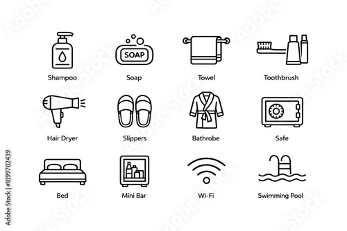 Essential hotel amenities icons for guest comfort and convenience