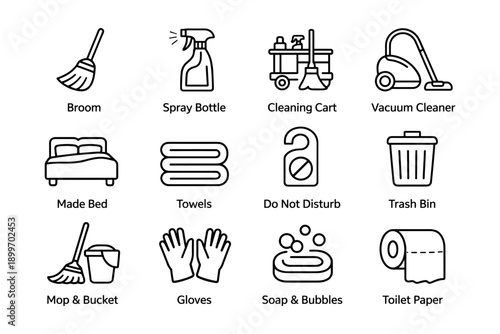Housekeeping icons set: broom, spray bottle, cleaning cart, vacuum cleaner, towels, mop