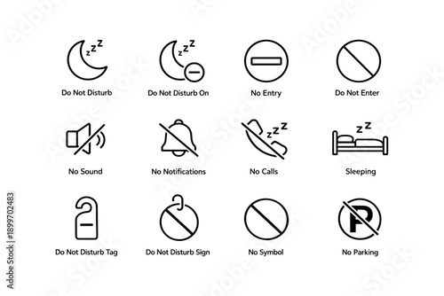 Set of minimalist icons: do not disturb, no entry, no parking, sleeping, no sound, notifications