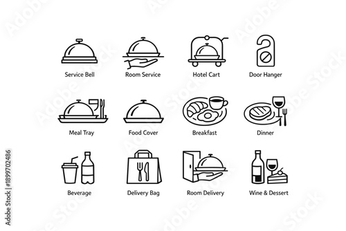 Hospitality icons set: service bell, room service, hotel cart, door hanger, dining, drinks, delivery