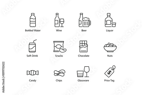 Outline icons of beverages and snacks: water, wine, beer, liquor, soft drinks, snacks, chocolate, nuts