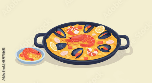 A colorful paella dish with seafood and lemon slices, a small bowl