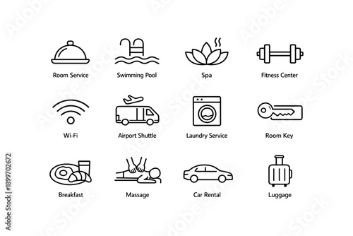 Hotel amenities icons: room service, pool, spa, fitness, shuttle, laundry, massage, car rental
