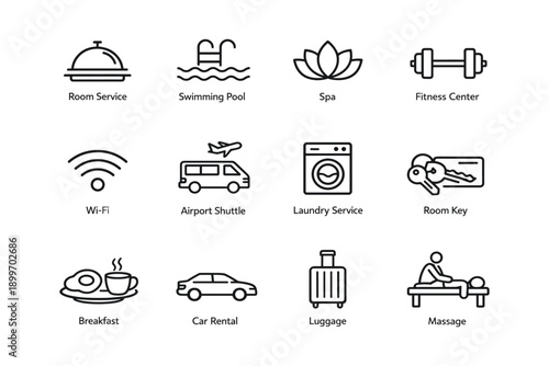 Hotel amenities icon set featuring spa and fitness center