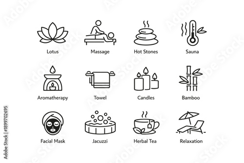Spa and wellness icons: lotus, massage, hot stones, sauna, aromatherapy, relaxation essentials