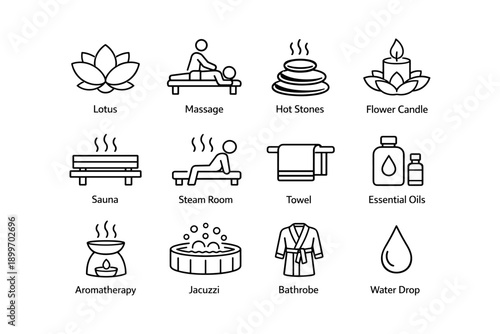 Spa icons collection: massage, sauna, aromatherapy, jacuzzi, essential oils