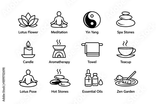 Outline icons of spa and wellness: lotus, meditation, yin yang, aromatherapy, zen garden