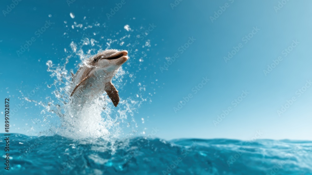 Obraz premium A joyful dolphin leaps out of the clear blue ocean, splashing water droplets around, with the bright sky creating a lively and vibrant atmosphere of nature's beauty.