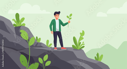 A person stands on a rocky outcrop holding a green plant