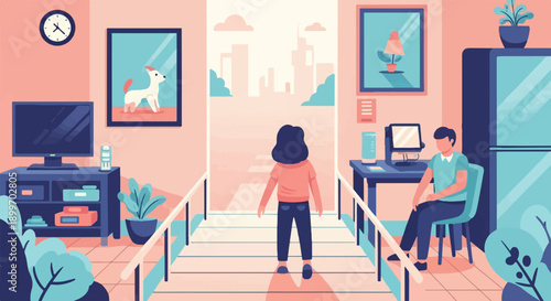 A person stands on a path leading to a city skyline, indoors