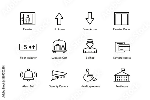 Elevator and hotel icons collection: floor indicator, bellhop, luggage cart, security camera