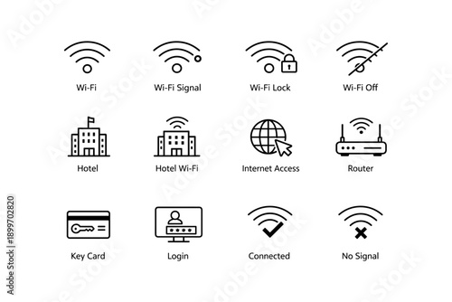 Essential wi-fi and internet icons: signal, router, hotel access, and security symbols