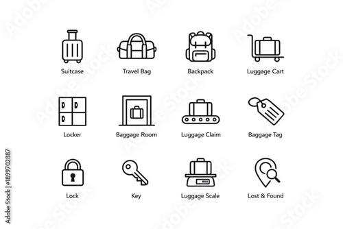 Travel icon set: suitcase, backpack, luggage cart, locker, baggage claim, tag, lock, key