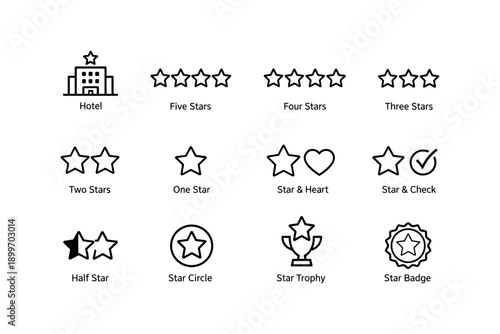 Star rating icons collection: hotel, stars, heart, check, trophy