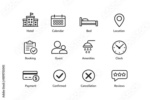 Hotel booking icons: calendar, bed, location, guest, payment, reviews
