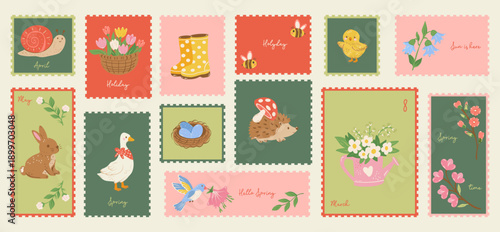 Coquette hand drawn post stamps spring elements. Holiday stickers for poster, placard or postcard prints. Vector flat. Doodle art. 