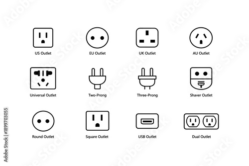 Different electrical outlet types: us, eu, uk, au, universal, prong, shaver, usb