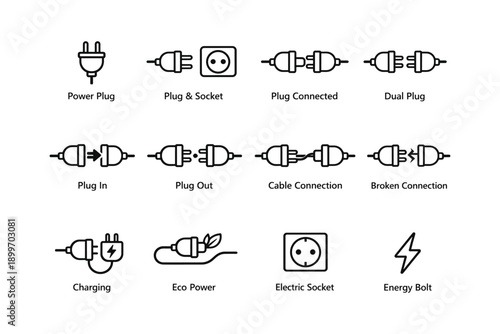Variety of power plug and socket connection icons for electrical devices