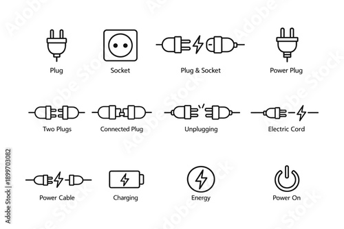 Electric plugs and sockets icons: power connection symbols